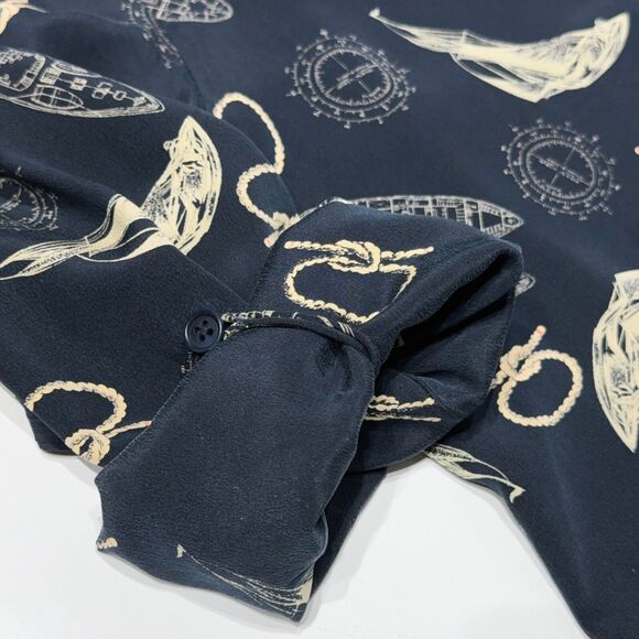 VTG Ralph Lauren Nautical 100% Silk Top Long Roll Tab Sleeve Navy Blue Size PM - Picture 6 of 13